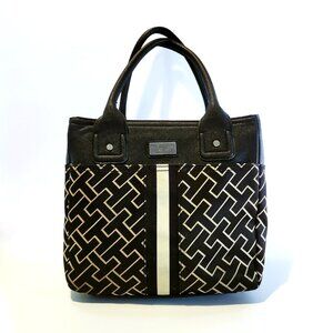 Tommy Hilfiger Signature Purse Black Beige Monogram Faux Leather Trim Handbag